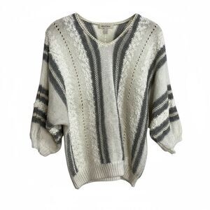 Style Impax Stripe V-Neck Balloon Sleeve Knit Pullover Sweater Gray Cream 40/20W